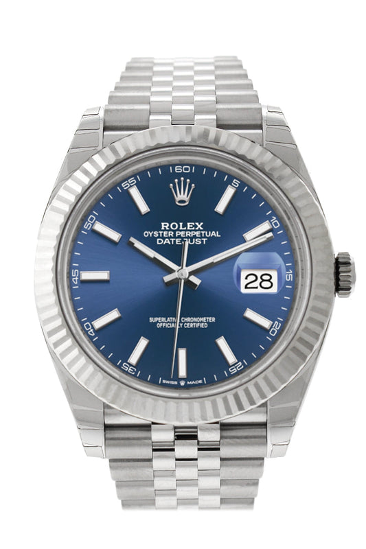Datejust 41 Blue Dial White Gold Fluted Bezel Jubilee Mens Watch 126334