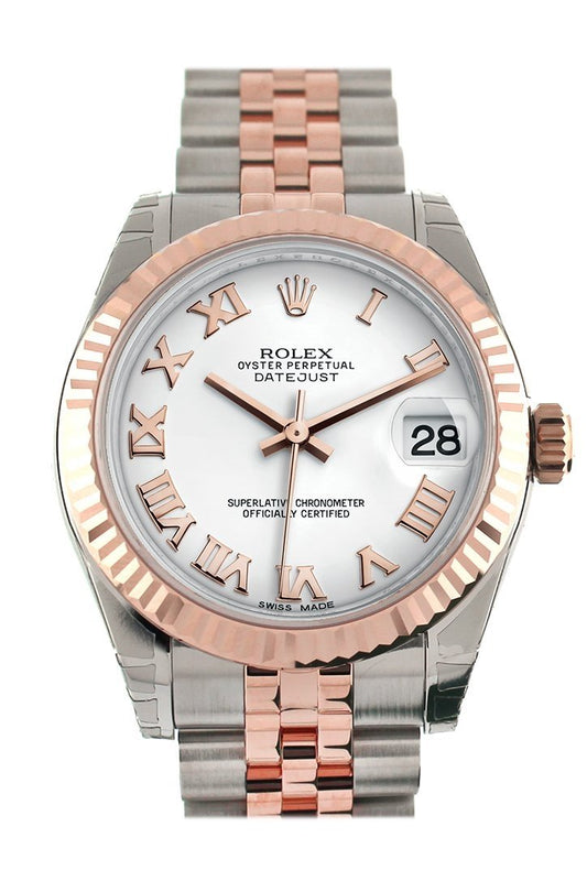 Datejust 31 White Roman Dial Fluted Bezel 18K Rose Gold Two Tone Jubilee Ladies Watch 178271