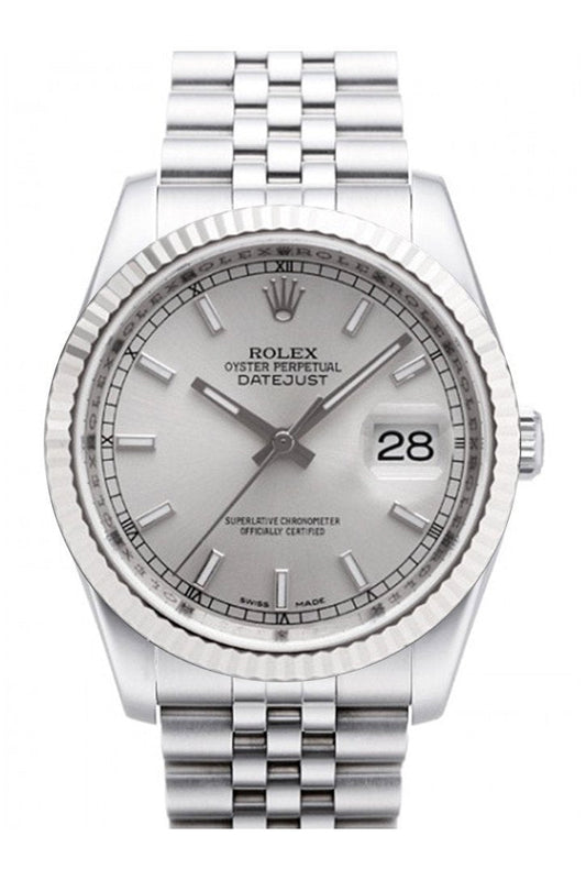 Datejust 36 Silver Dial 18k White Gold Fluted Bezel Stainless Steel Jubilee Watch 116234