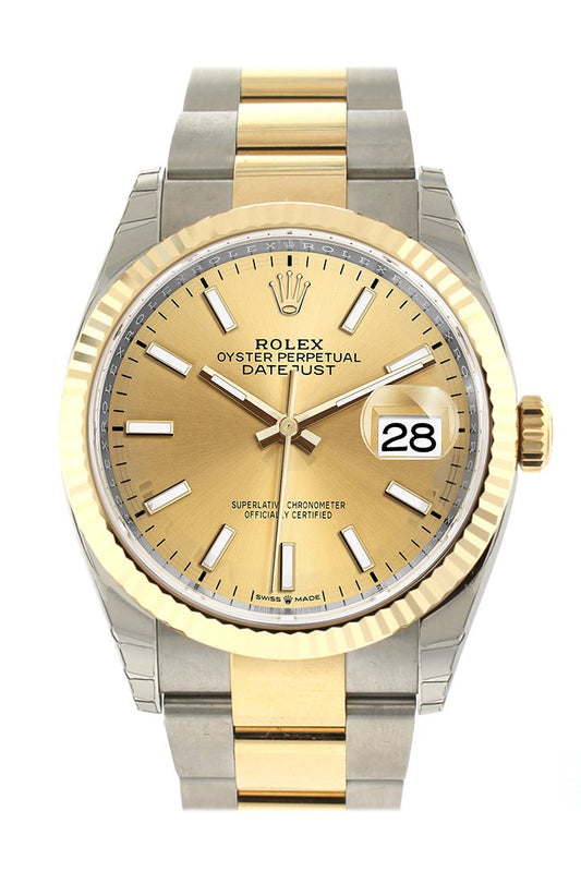 Datejust 36 Champagne-colour Dial Fluted Bezel Oyster Yellow Gold Two Tone Watch 126233 NP