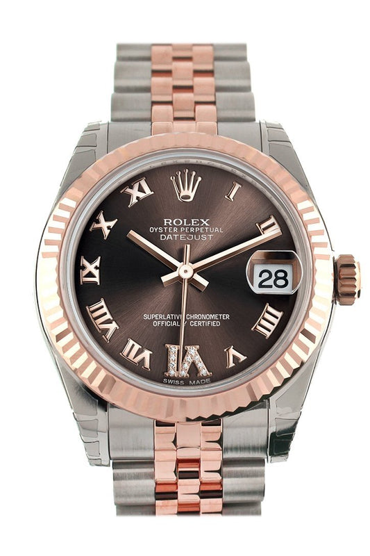 Datejust 31 Chocolate Roman Large VI set with Diamond Dial Fluted Bezel 18K Rose Gold Two Tone Jubilee Ladies Watch 178271