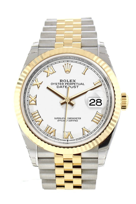 Datejust 36 White Roman Dial Fluted Bezel Jubilee Yellow Gold Two Tone Watch 126233 NP