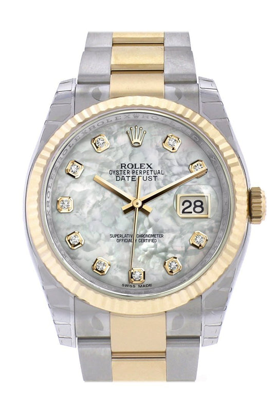 Datejust 36 White mother-of-pearl Diamond Dial Fluted 18K Gold Two Tone Oyster Watch 116233