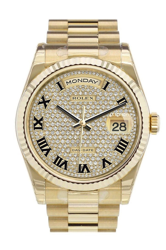 Day-Date 36 Diamond-paved Dial Fluted Bezel President Yellow Gold Watch 118238