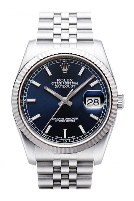 Datejust 36 Blue Dial 18k White Gold Fluted Bezel Stainless Steel Jubilee Watch 116234
