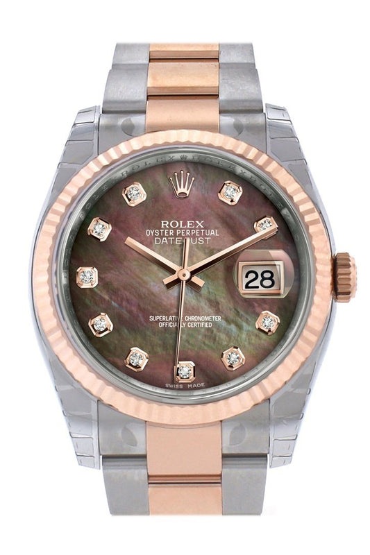 Datejust 36 Black mother-of-pearl set with diamonds Dial Fluted Steel and 18k Rose Gold Oyster Watch 116231