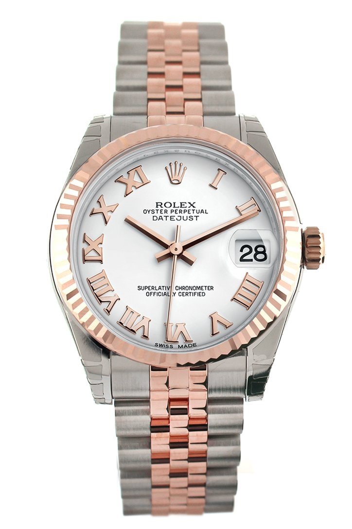 Datejust 31 White Roman Dial Fluted Bezel 18K Rose Gold Two Tone Jubilee Ladies Watch 178271